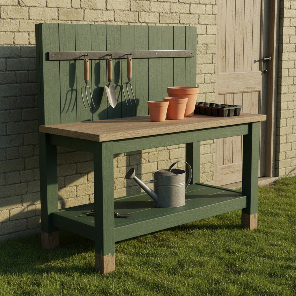 AI potting bench design generator result: a potting bench painted deep sage green with a bare silvered oak worktop and a boarded backboard, a steel tool rail screwed across the backboard, the paint chipped back to bare timber at the foot of each leg.