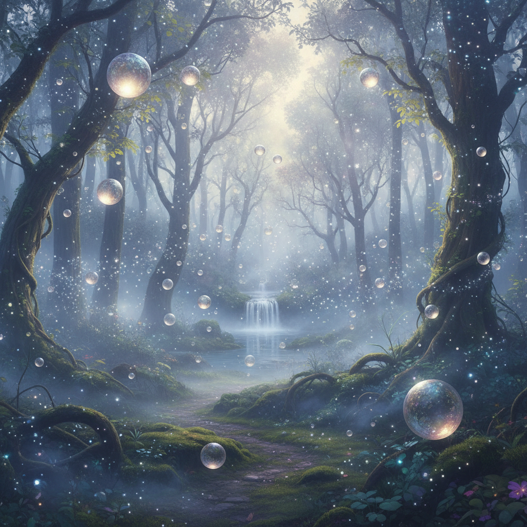 Landscape enhanced with AI magic effects featuring floating glowing orbs and shimmering fairy dust