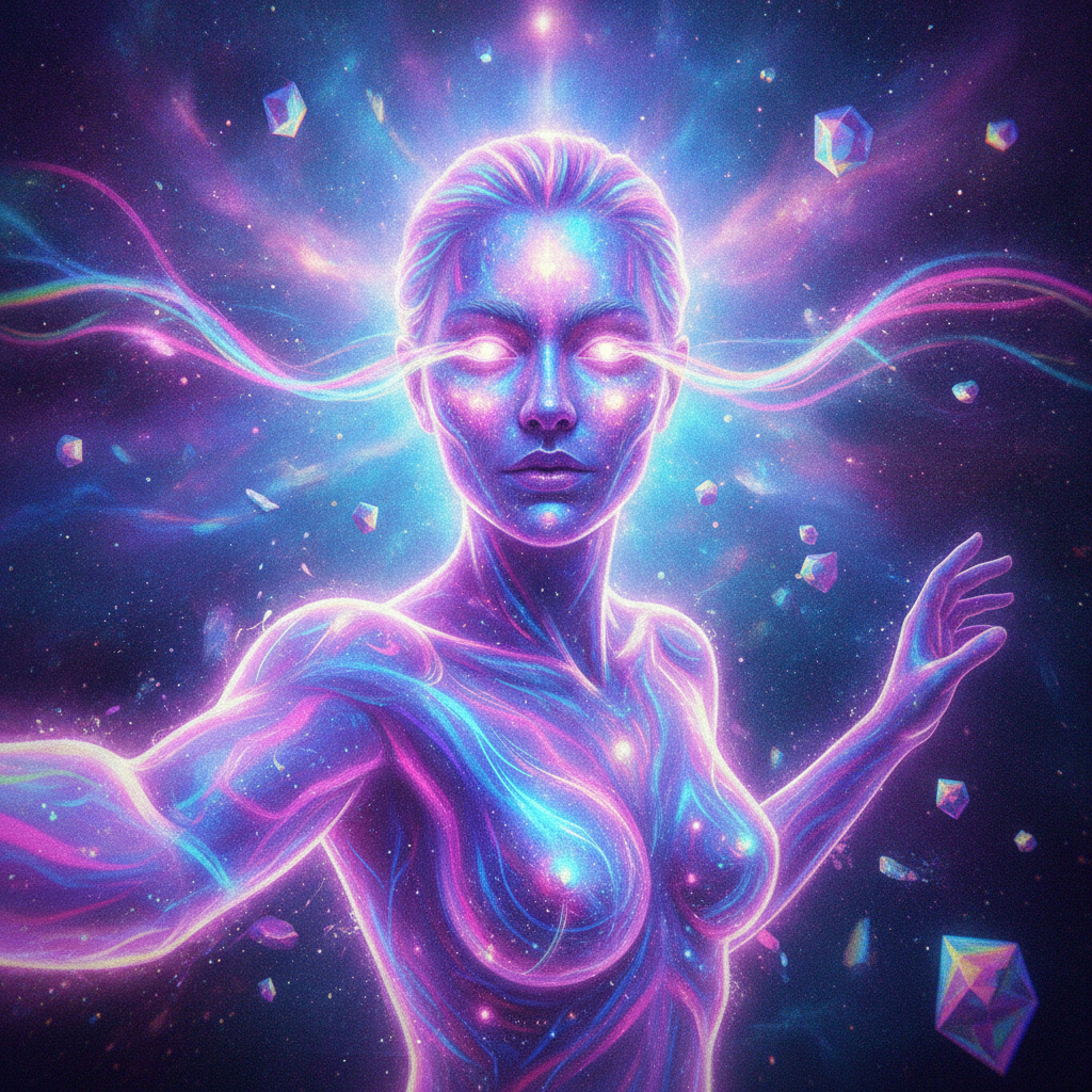 Creative selfie transformed by AI magic effects into a glowing magical being with neon energy trails