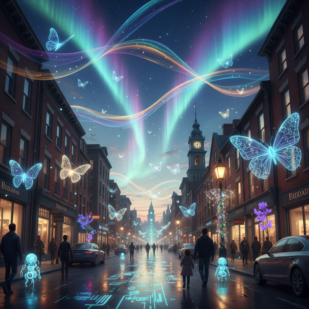 Street scene reimagined with AI magic effects, aurora ribbons of light and floating luminous butterflies