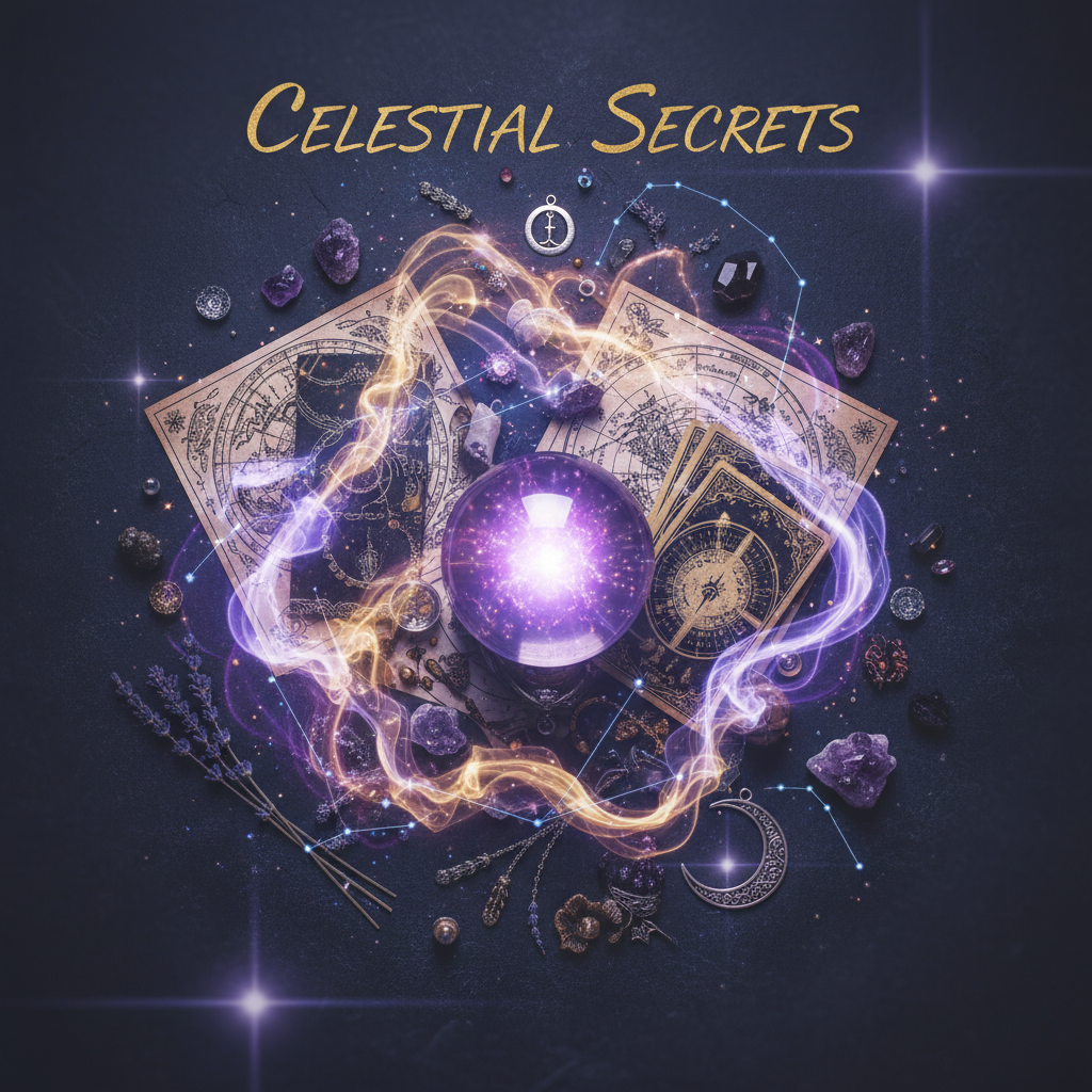 Flat lay enhanced with AI-powered magic effects, twinkling stars and a cosmic purple and gold magical haze