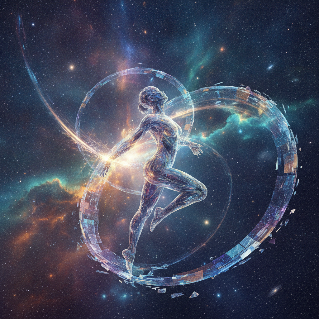 AI-powered space-time effects bending glowing light trails around a person frozen mid-motion in a cosmic nebula
