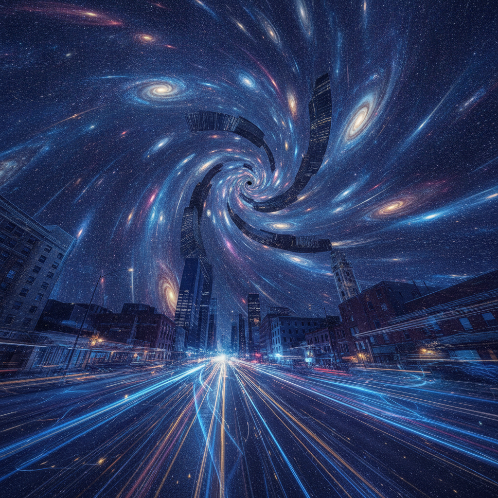 City street warping into a spiral of stars with time-dilation light streaks created by AI space-time effects