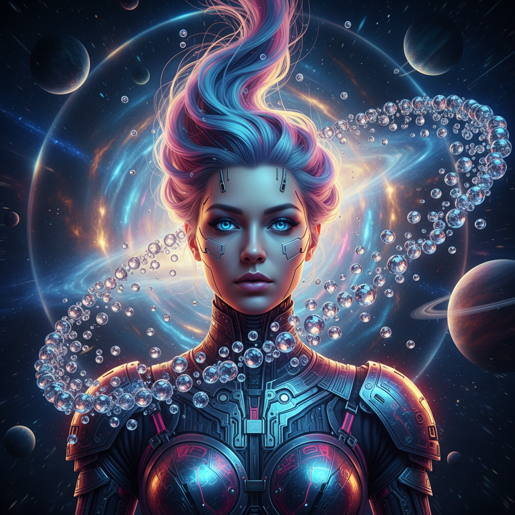 AI portrait with motion-frozen water droplets and a glowing wormhole portal showing gravitational lensing effects