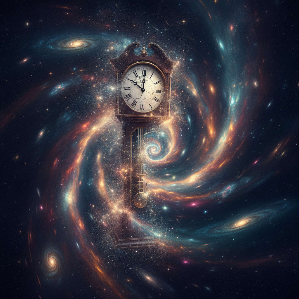 Abstract space-time effect of a clock dissolving into stardust flowing through a cosmic vortex
