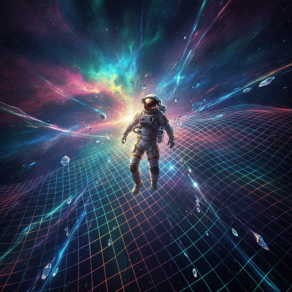 Astronaut suspended in a bending grid of glowing space-time fabric with rippling light energy and aurora colors
