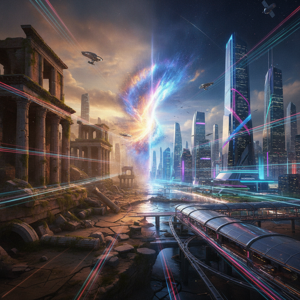 Futuristic landscape where ancient ruins morph into a neon sci-fi city through a glowing AI time rift