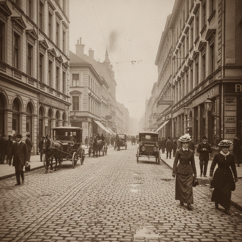 AI pre-modern photo enhancer output — an enhanced 1900s street scene with crisp period detail