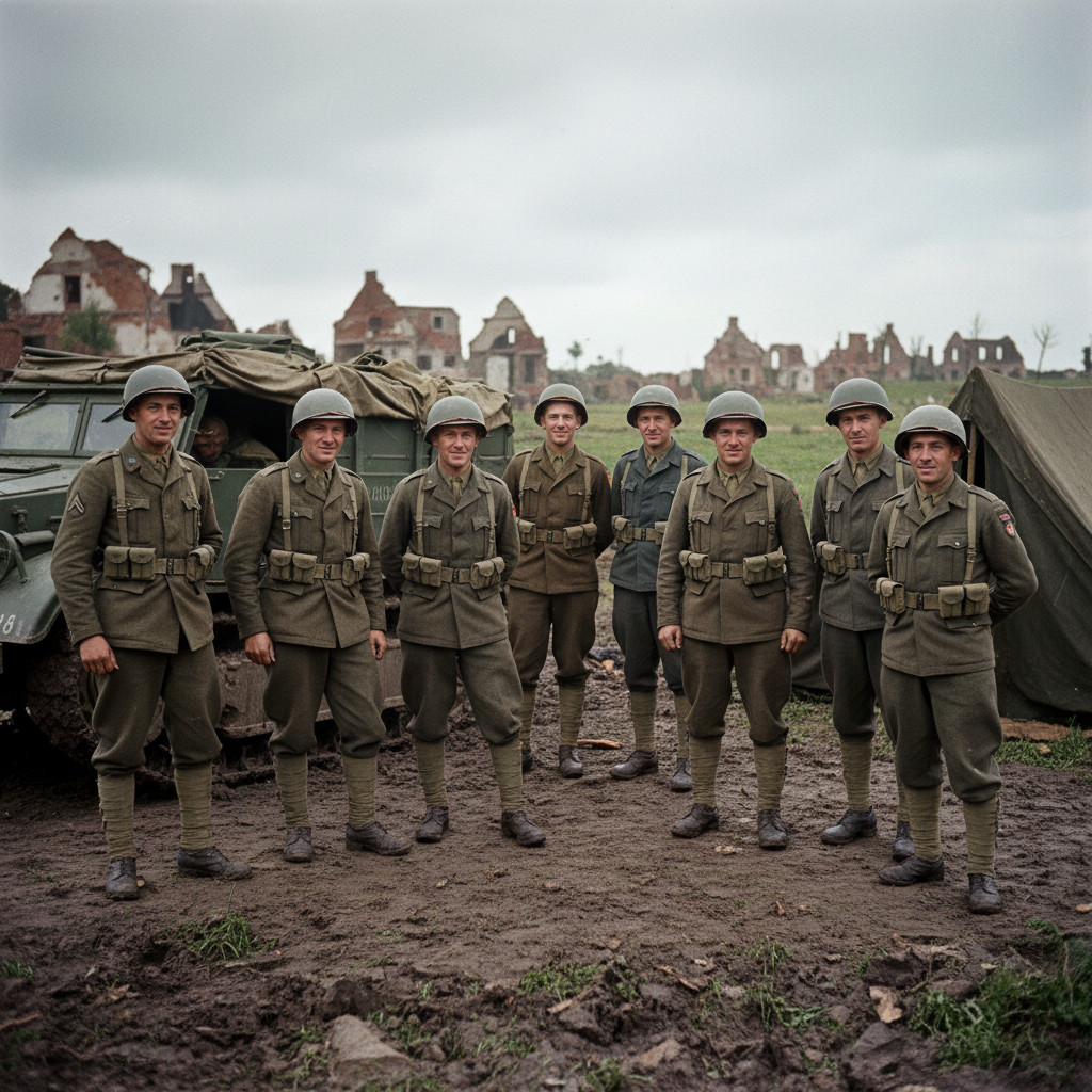 AI pre-modern photo enhancer output — a restored 1940s wartime photograph with cleaned grain