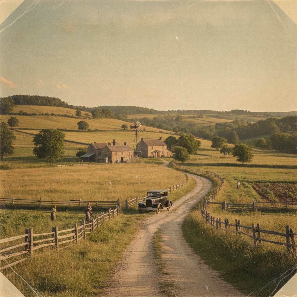 AI pre-modern photo enhancer output — a revived 1930s countryside landscape with restored clarity