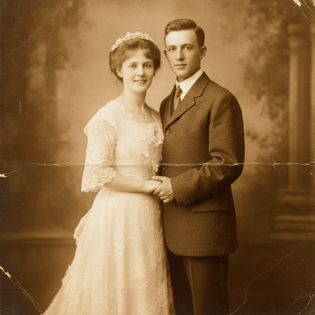 AI pre-modern photo enhancer output — a restored early-1900s wedding portrait with warm sepia glow