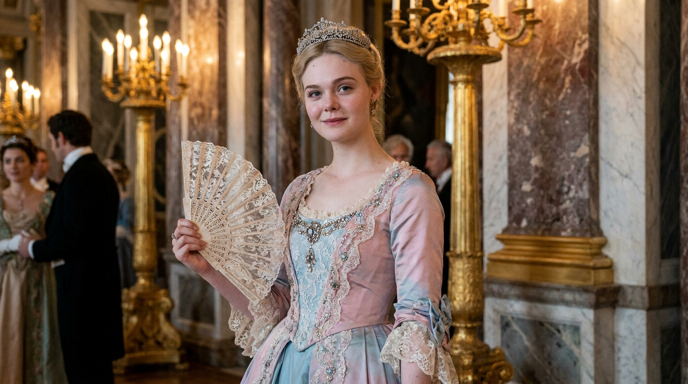 AI princess generator result showing a person turned into a fairytale princess in a flowing pastel ball gown with a sparkling diamond tiara in a grand royal castle ballroom, real face preserved