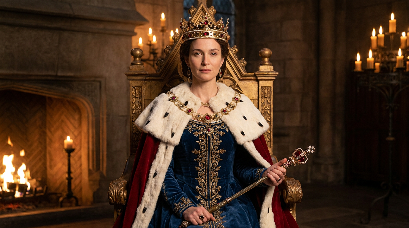 AI princess generator result showing a person as a regal queen-like princess in a royal velvet gown with an ermine cape and golden ruby crown seated on a throne, real face kept recognizable