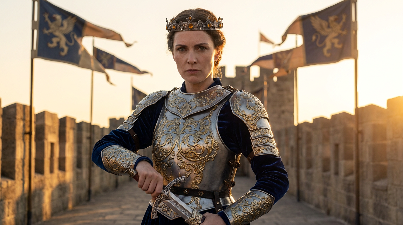 AI princess generator result showing a person as a fierce warrior princess in ornate silver and gold filigree armor with a circlet crown holding a sword on a castle rampart, real facial features recognizable