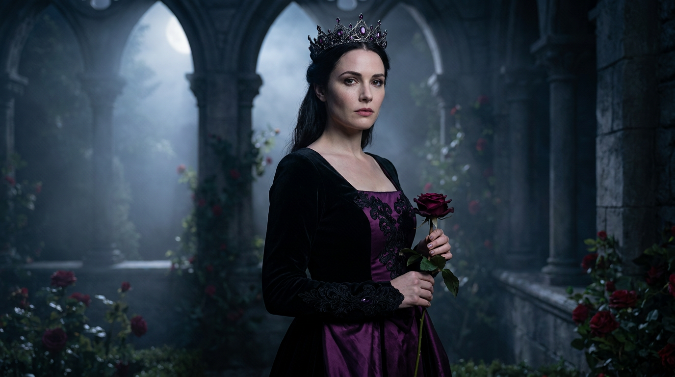 AI princess generator result showing a person as a gothic dark princess in an elegant black and purple gown with an amethyst crown in a moonlit palace garden, real facial features recognizable
