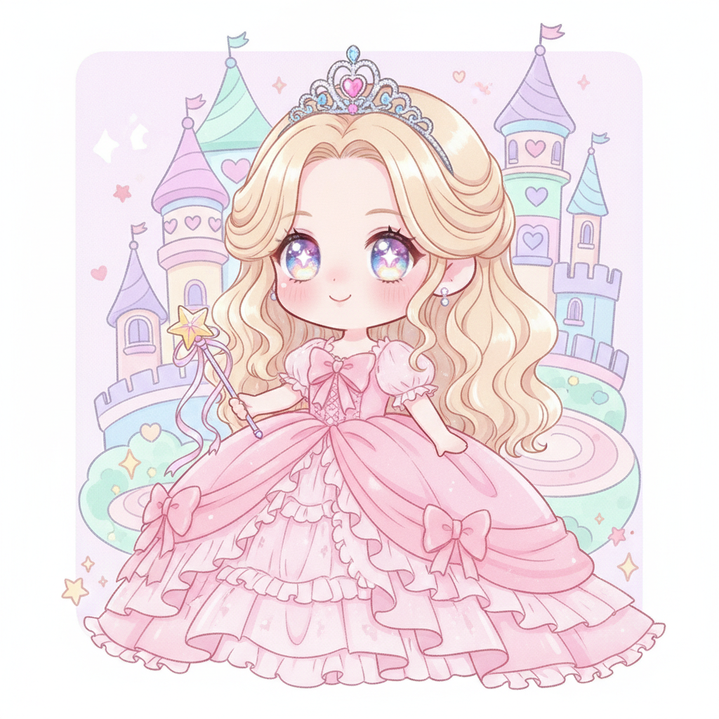 AI princess generator result showing a person as a cute anime-style chibi princess with big sparkling eyes, a fluffy pink gown, a tiny tiara, and a magic wand in a colorful cartoon castle, real facial features recognizable