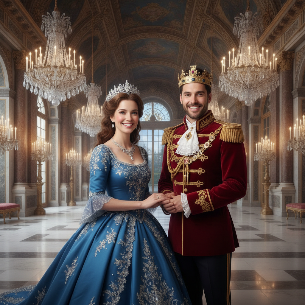 AI princess generator result showing a couple turned into a royal princess and prince in coordinated outfits with a crown and tiara in a grand palace ballroom, both real faces preserved