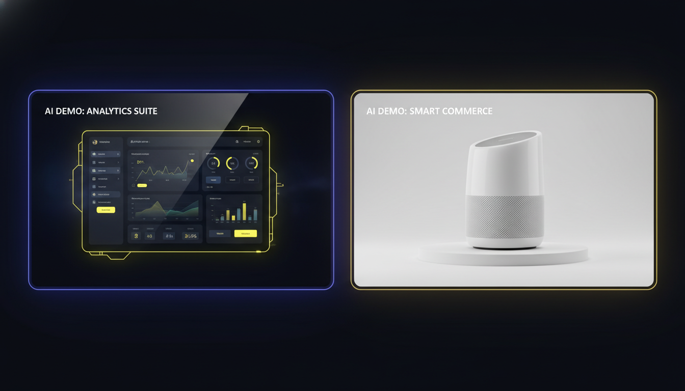 AI product demo video creator hero — split-screen marketing visual showing SaaS dashboard hero shot and e-commerce product hero shot styled as cinematic AI demonstration video thumbnails with neon yellow accents