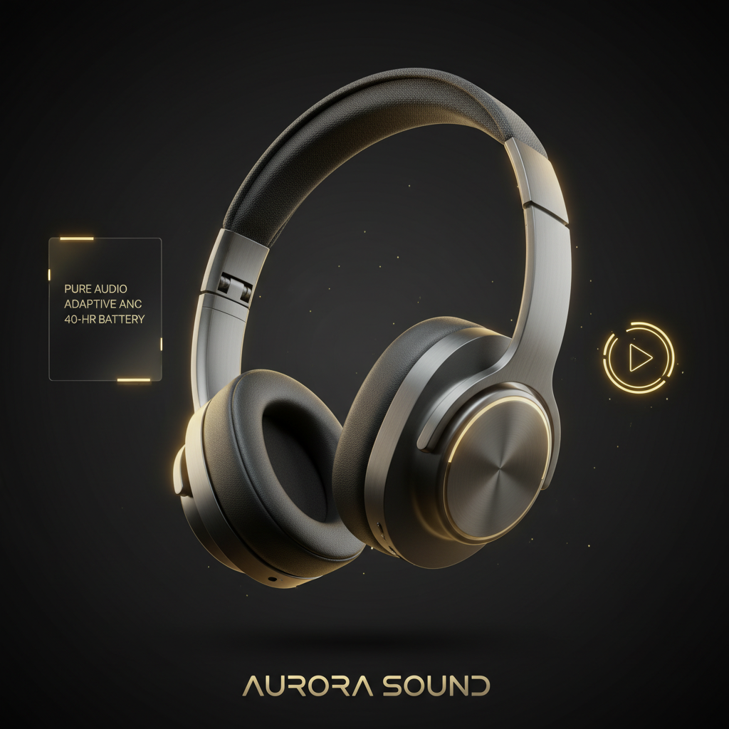 AI product demo video creator output — premium wireless over-ear headphones product hero shot styled as a polished AI video for sales demo thumbnail with feature callout label
