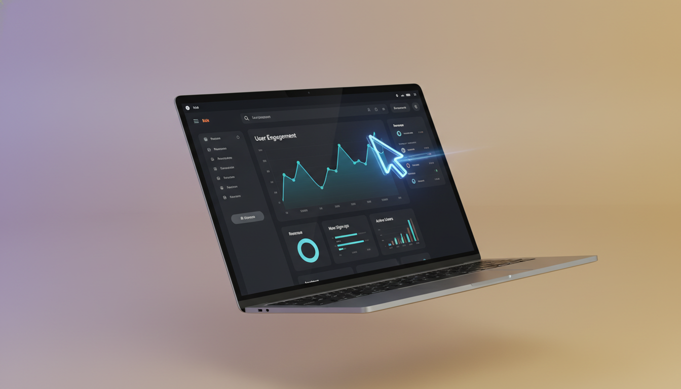 AI product demo video creator output — SaaS dashboard demo storyboard frame with tilted laptop showing analytics UI and stylized cursor pointer, AI product showcase composition