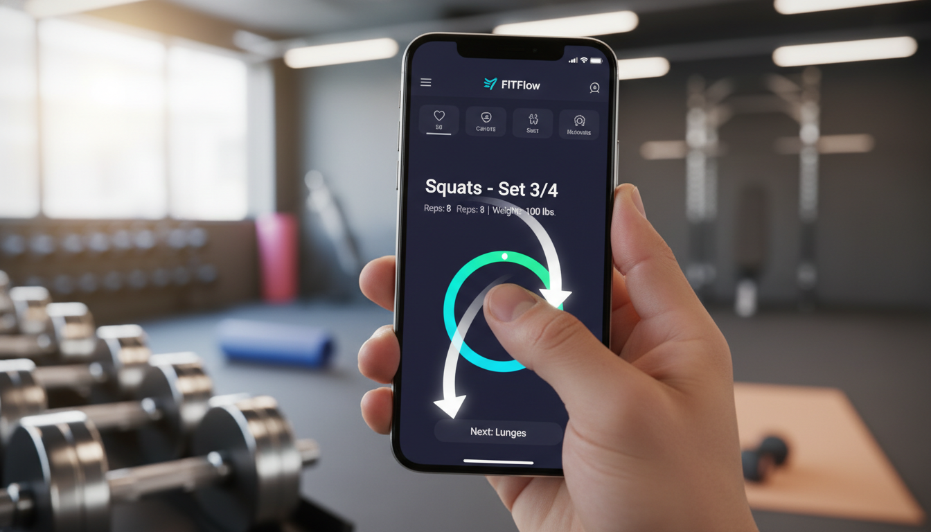 AI product demo video creator output — fitness app demo storyboard frame with smartphone in hand and motion blur swipe arrows, AI product marketing lifestyle photography