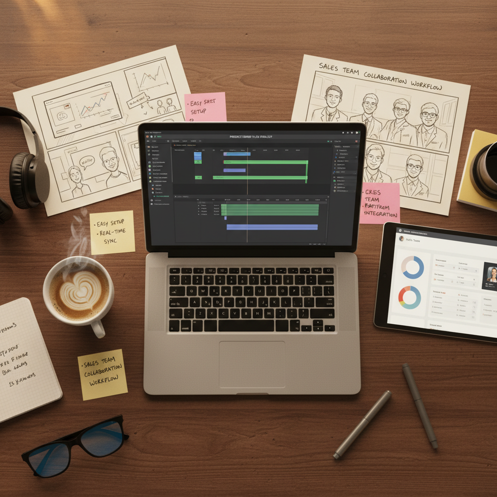 AI product demo video creator workspace — overhead desk with marketing storyboard sketches, demo timeline on laptop, post-it feature notes, sales team workflow scene