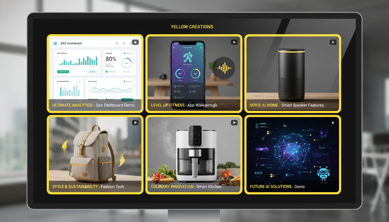 AI product demo video creator gallery grid — six AI demonstration video thumbnails for SaaS dashboard, fitness app, smart speaker, fashion product, kitchen gadget, and AI software