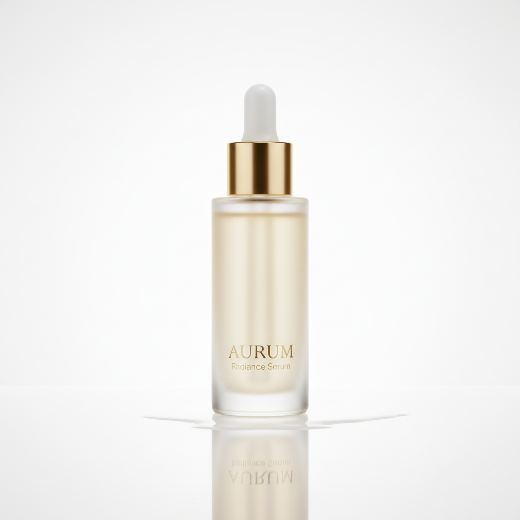 AI product photo of a luxury skincare serum bottle on a clean white studio background