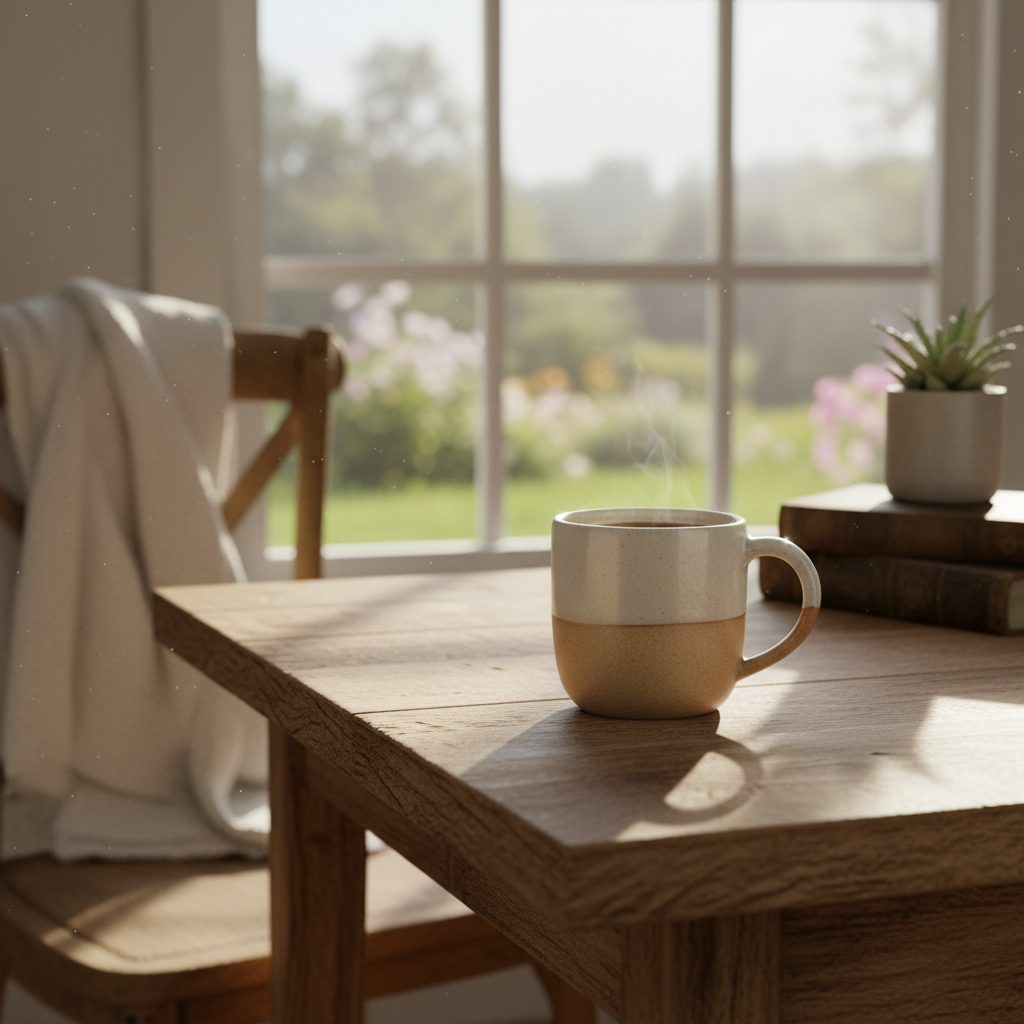 AI lifestyle product photo of a ceramic coffee mug on a rustic wooden table with warm light