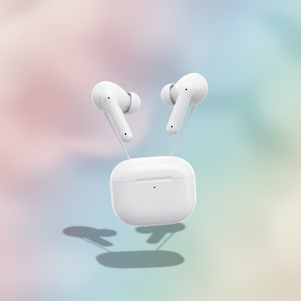 AI product photo of white wireless earbuds on a soft pastel gradient background