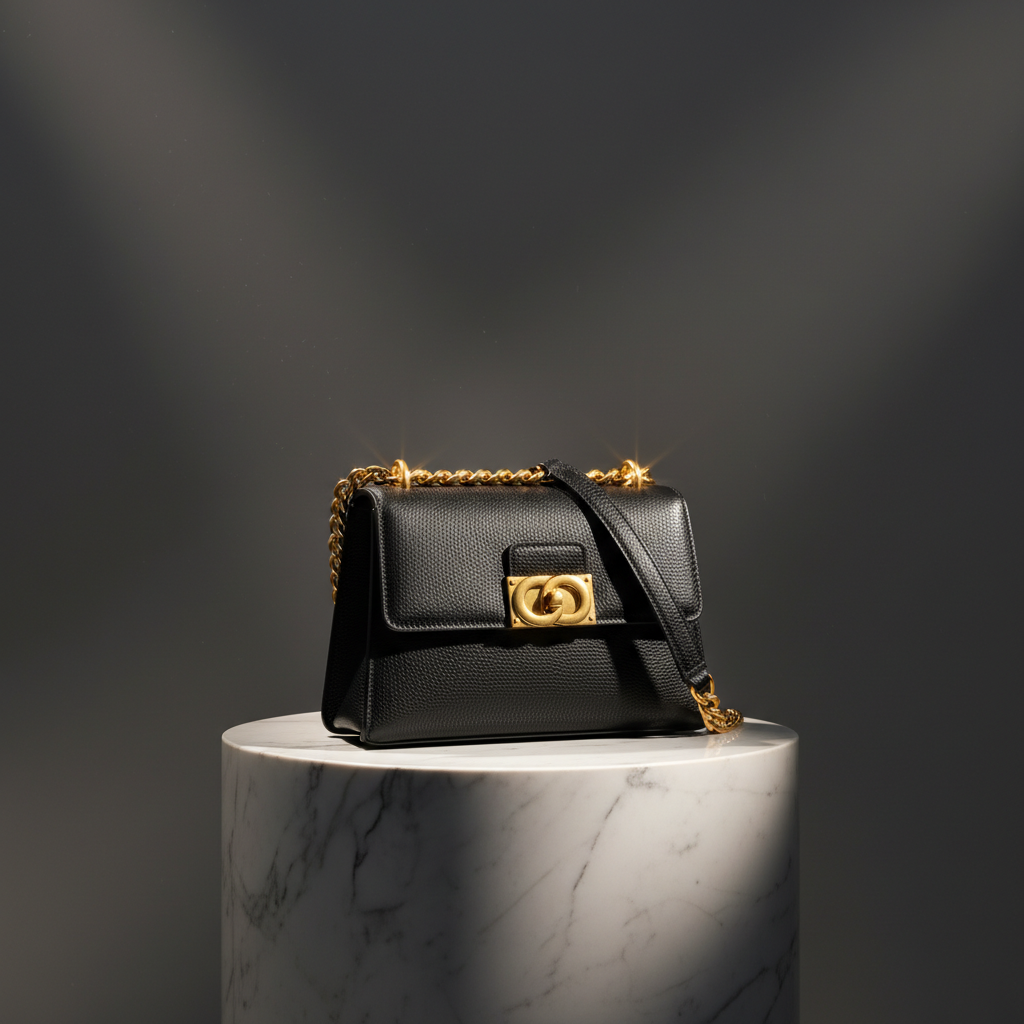 AI product photo of a designer leather handbag on a marble pedestal with studio lighting