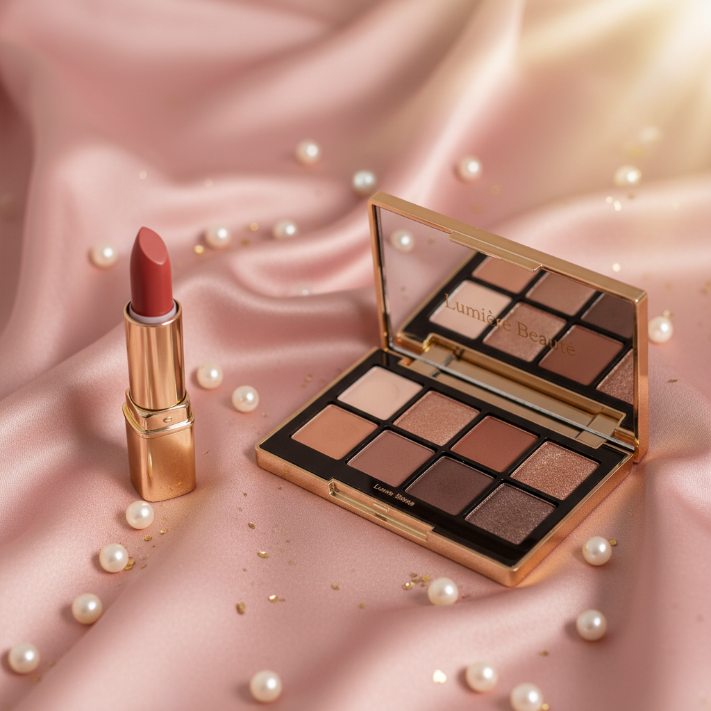 AI beauty product photo of a lipstick and makeup palette on pink silk fabric