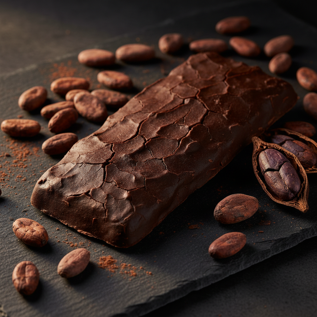 AI food product photo of an artisan chocolate bar with cocoa beans on dark slate