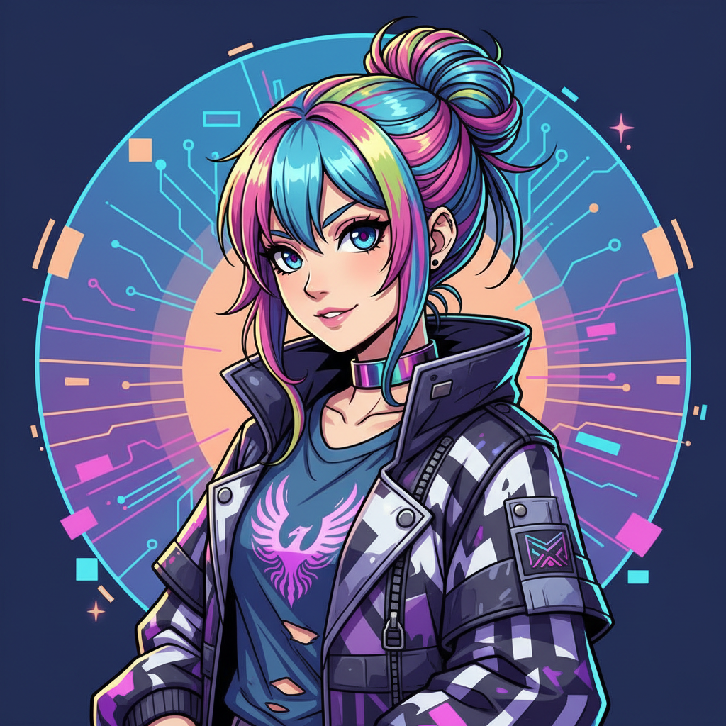 Anime-style AI profile picture with vibrant hair and clean cel-shaded art