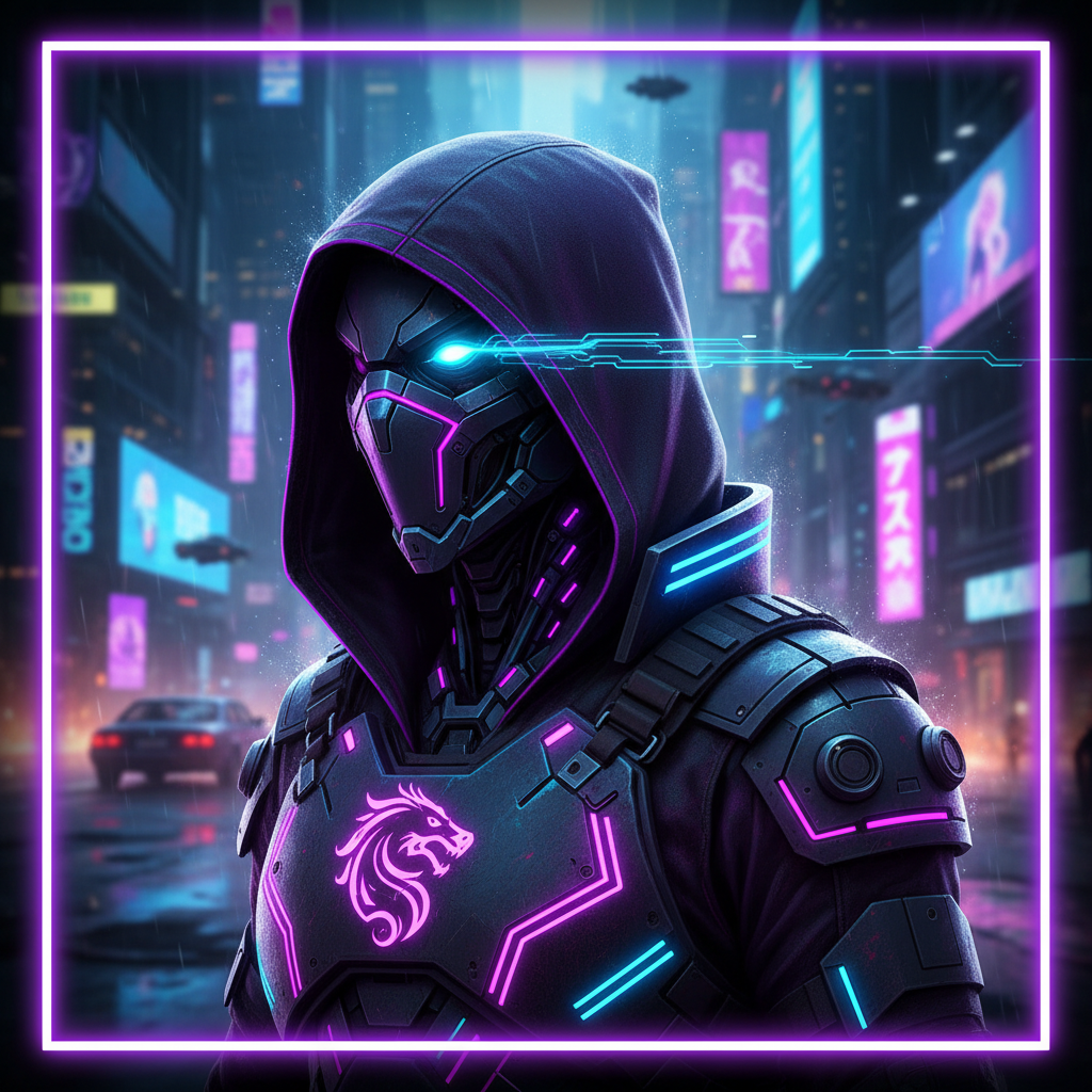 Cyberpunk gaming avatar profile picture with neon glowing accents