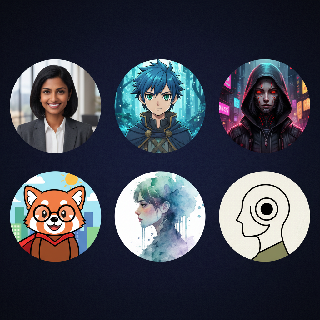 Grid of six AI-generated profile picture avatars in different styles