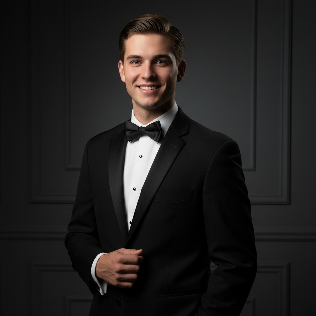 AI prom photo generator result showing a young man in a sharp black tuxedo with a bow tie and boutonniere