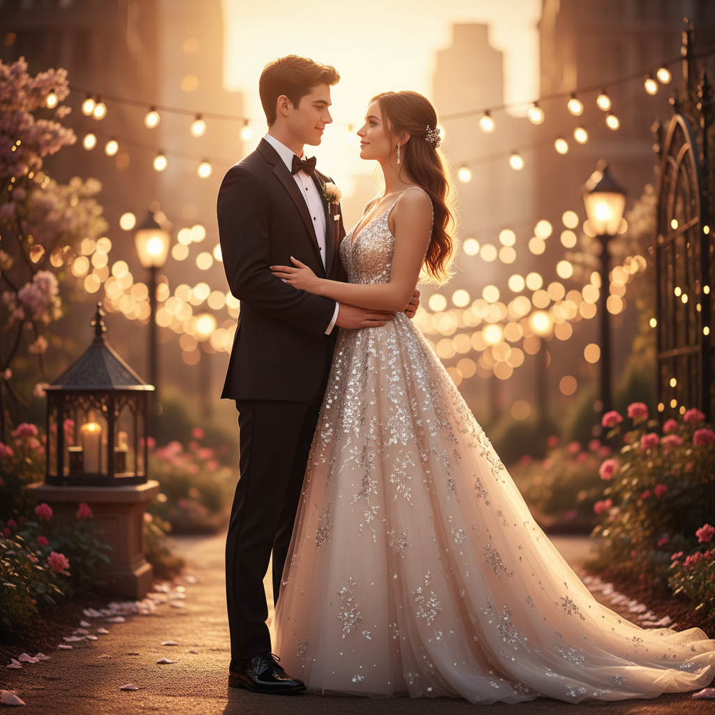 Romantic AI prom couple portrait with a navy tuxedo and blush pink prom dress in warm evening light