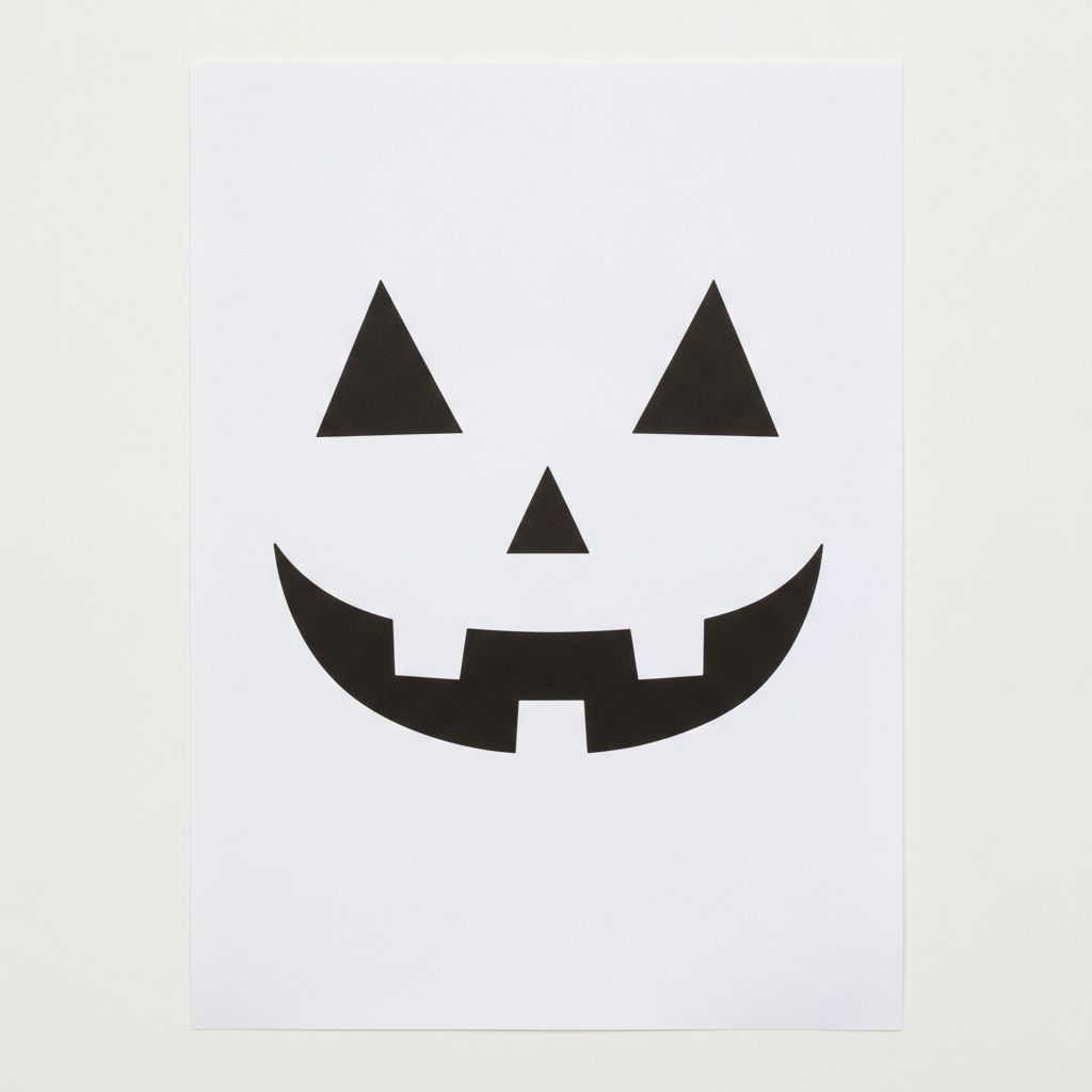 AI pumpkin carving stencil generator result: a classic jack-o-lantern face template in solid black on a white sheet, with two large upward-pointing triangular eyes, a smaller triangular nose centred beneath them and a wide grinning crescent mouth. The shapes are clean, bold and symmetrical, and every black area is a single enclosed shape that would cut easily with a beginner saw. Two drifts from the brief: three square teeth were asked for along the top of the mouth and two along the bottom, and what came back is two on top and one underneath, and the template is rendered as a photograph of a printed page lying on a grey desk rather than as flat artwork filling the frame.