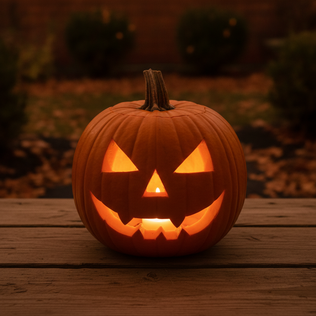 AI pumpkin carving stencil generator result: a photograph of a real carved pumpkin glowing on weathered wooden boards, its slanted triangular eyes, triangular nose and jagged toothy grin cut cleanly through a deep orange ribbed rind and lit from inside, with a blurred autumn garden and fallen leaves behind it. This is the strongest image in the set and the one to show someone before carving, because it previews how a cut design actually reads when lit. Two drifts: the tealight candle itself is plainly visible through the mouth opening instead of hiding behind the rind, and the scene reads as warm twilight rather than the night that was asked for.