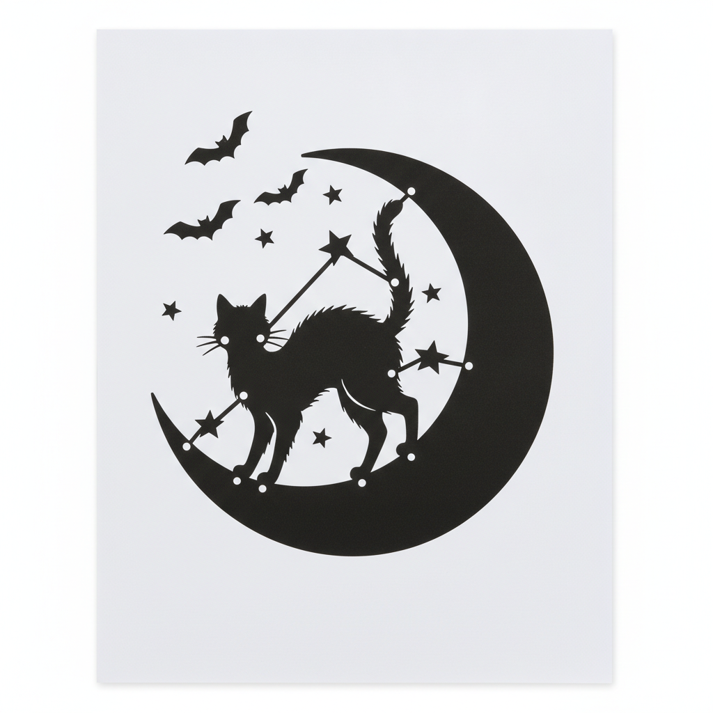AI pumpkin carving stencil generator result: a black cat arching its back on the inner curve of a large crescent moon, with three bats flying at the upper left and small stars scattered between them, all in solid black on a white sheet. The silhouette work is genuinely good and the star shapes are connected to the design by thin linking bars rather than floating loose. Two real problems for carving: the cat is black on a black moon, so where its tail and hind legs cross the crescent the outline disappears and the shape would read as one blob when lit, and the whiskers are drawn as hairline strokes far too fine for a carving saw to follow.