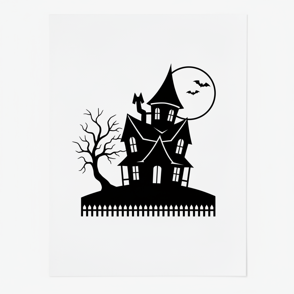 AI pumpkin carving stencil generator result: a haunted Victorian mansion in solid black silhouette with steep gables, a leaning chimney and a pointed tower roof, a bare crooked tree at the left, a full moon behind the roofline and two bats crossing it, above a low picket fence. The scene is atmospheric and the picket fence bridges cleanly. Three drifts: four windows were asked for and roughly eight came back, the moon is left white so it would stay uncut and never glow while the bats inside it would, and the tree branches taper to hairlines that would crumble long before a knife finished them.