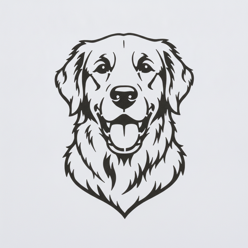 AI pumpkin carving stencil generator result: a golden retriever head facing forward with pricked ears, an open mouth and a lolling tongue, drawn as fine black outlines on white. As a portrait it is charming and the breed is instantly recognisable. As a pumpkin carving stencil it is the clearest failure in the set: the brief asked for bold connected black masses and what came back is thin-line art, so a carver would have to saw out dozens of hairline strokes and the finished pumpkin would show a faint glowing scribble rather than a readable dog. This is the result that shows why portraits need the words solid black shapes rather than outlines.