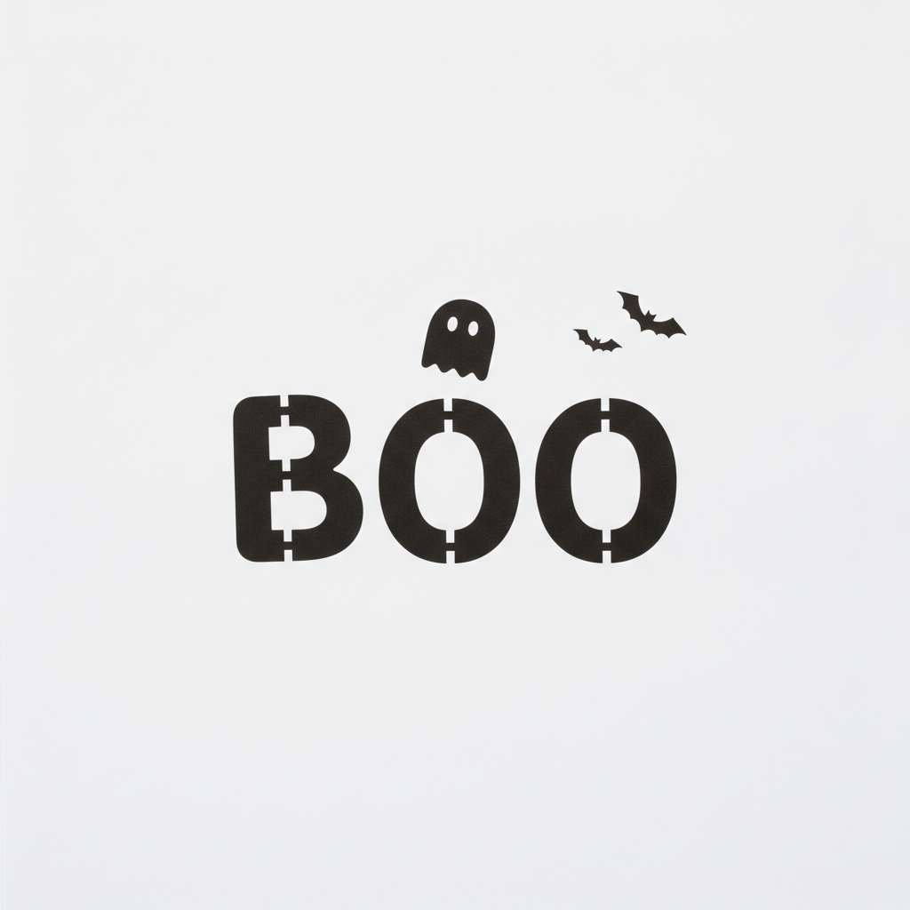 AI pumpkin carving stencil generator result: the word BOO in fat black stencil capitals with a small round ghost floating above the letters and two bats to the right, on a white sheet. All three characters are correct, and the stencil logic is right where it matters most: a white bridge crosses the black ring of each O and the spine of the B, so the counters inside the letters stay attached and do not drop out of the pumpkin. The composition is the drift: the whole group sits low and left of centre and occupies less than half the frame, the ghost floats above the gap between the B and the first O instead of between the two O shapes, and the letterforms are a plain condensed stencil sans rather than the rounded playful face that was asked for.