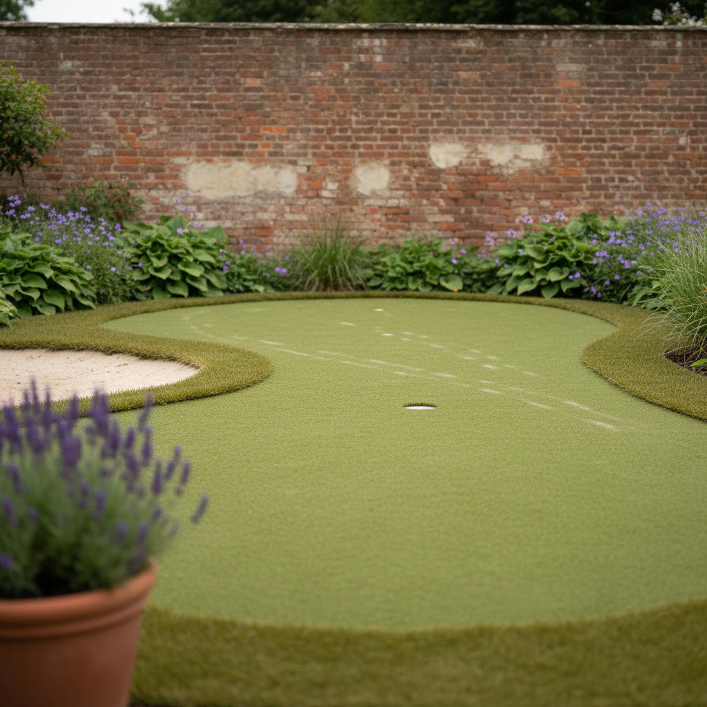 AI putting green design generator result: an undulating kidney-shaped backyard putting green with a fringe of longer turf, a raked sand bunker and deep borders against an old brick wall
