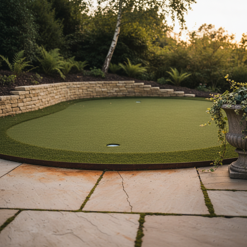 AI putting green design generator result: a compact oval putting green beside a sandstone patio, held by a low dry-stone limestone retaining wall in evening light