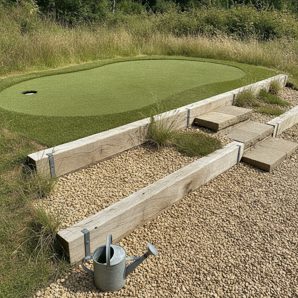 AI putting green design generator result: a terraced putting green on a sloping garden held by silvered oak sleepers above a pea gravel level