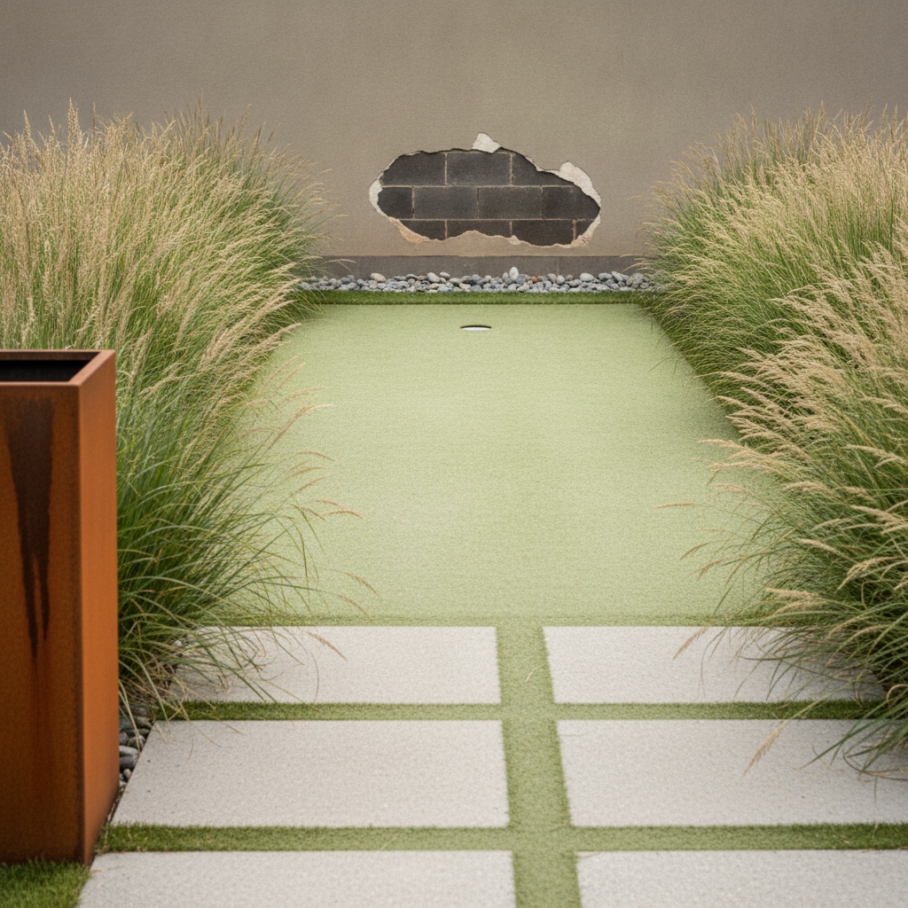 AI putting green design generator result: a minimalist rectangular putting green in a courtyard with concrete pavers crossing it between beds of ornamental grasses