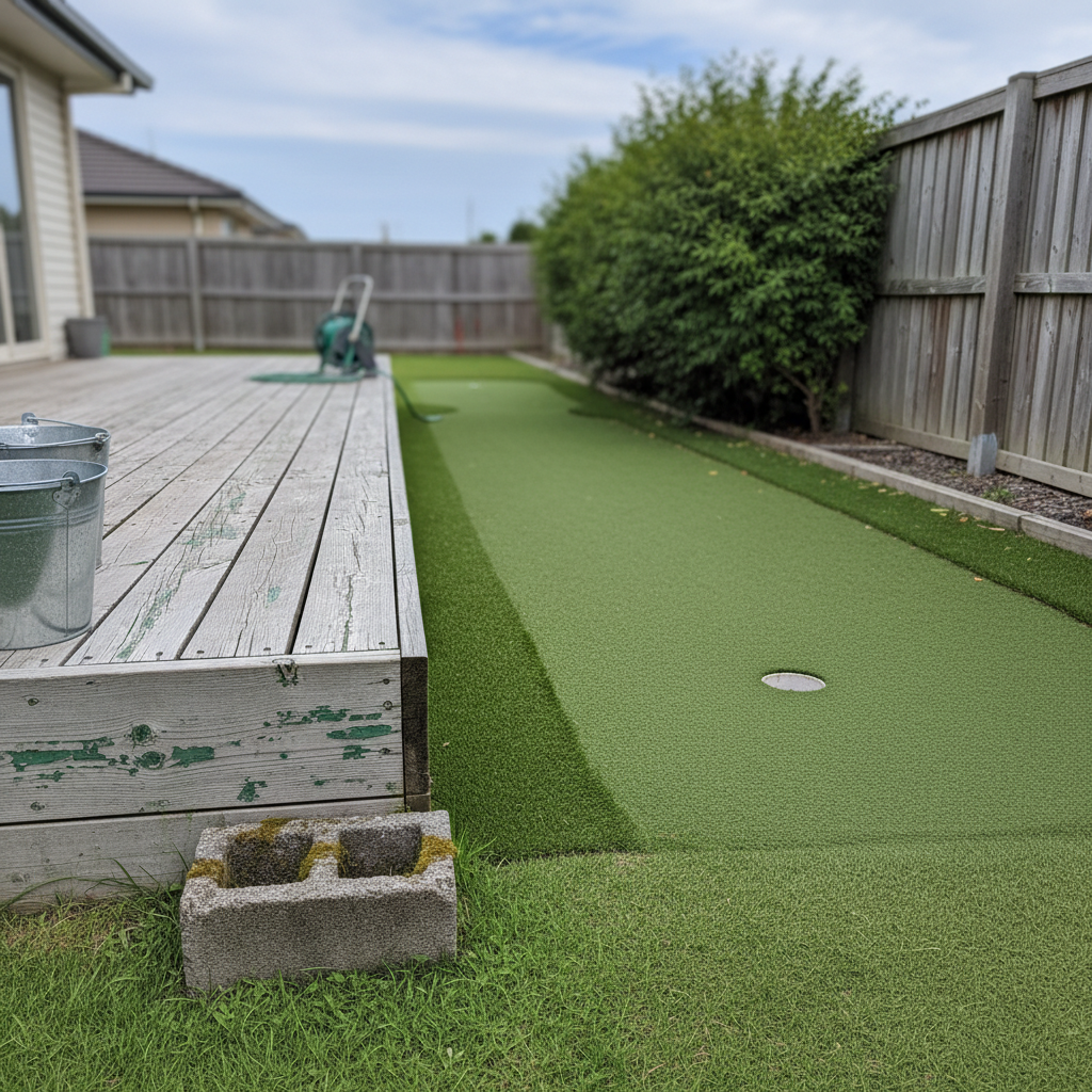 AI putting green design generator result: a narrow side-return putting green running along a house beside a weathered timber deck