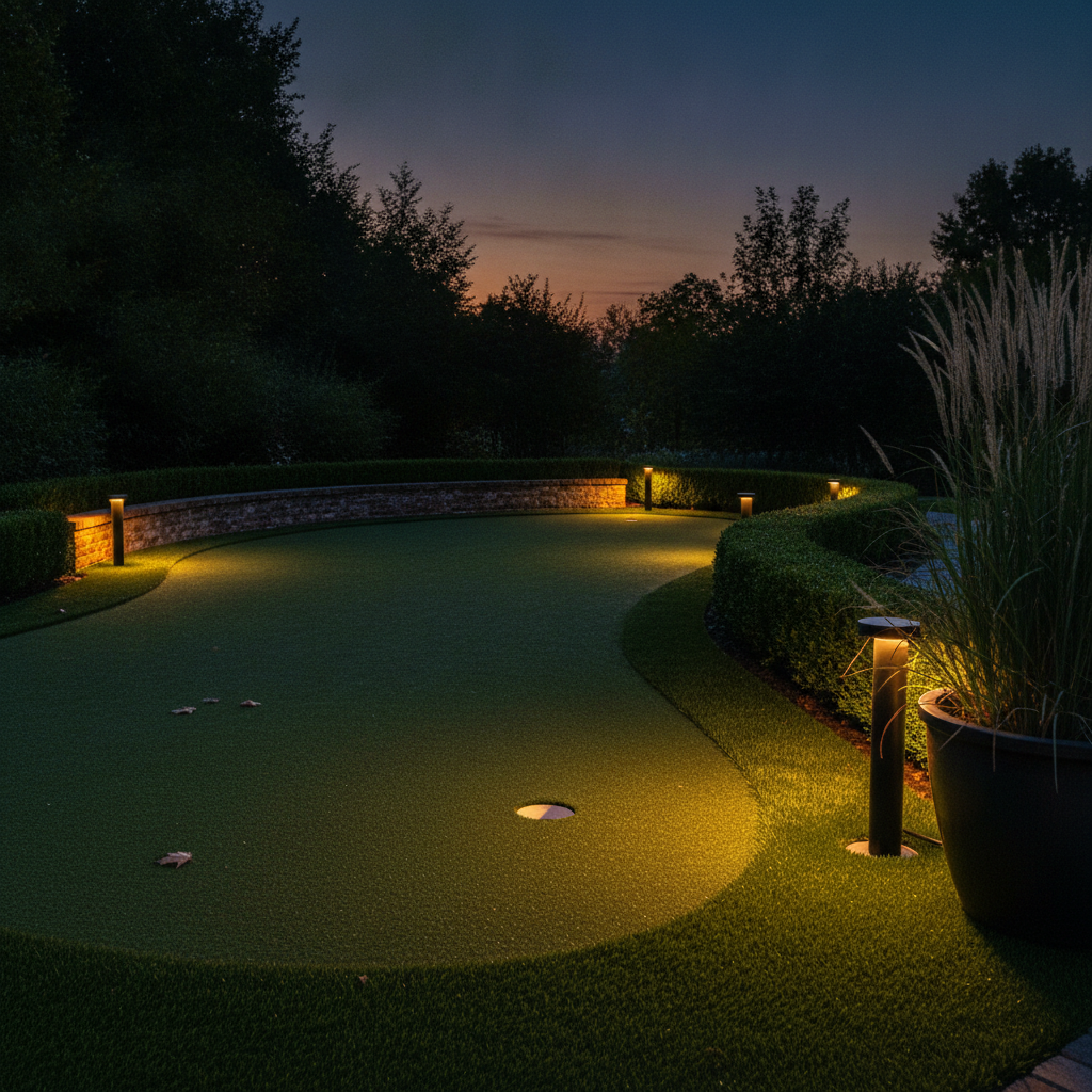 AI putting green design generator result: a curving backyard putting green at dusk lit by low bollard lights in the surrounding planting